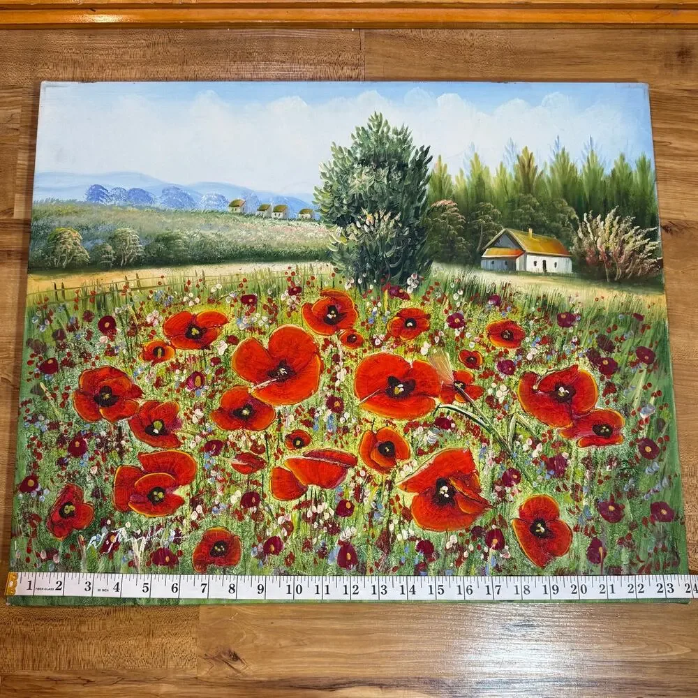 Original Field Of Poppies Hand Painted Scenic Country Landscape Impasto 20x24 - Picture 6 of 9